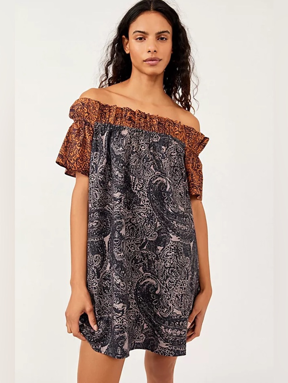 Free People Sophie printed off-the-shoulder dress in a black and orange paisley